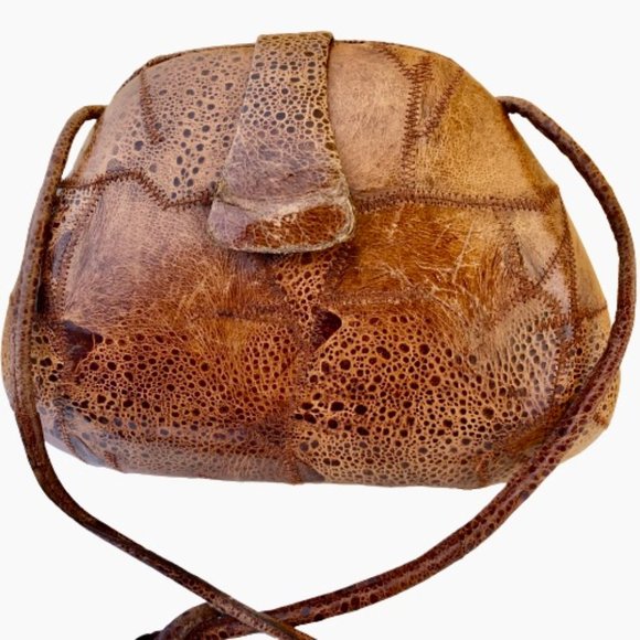 Vintage Handbag Hard Case Shell Brown Patchwork Leather Cross Body Purse flaws - Picture 7 of 13